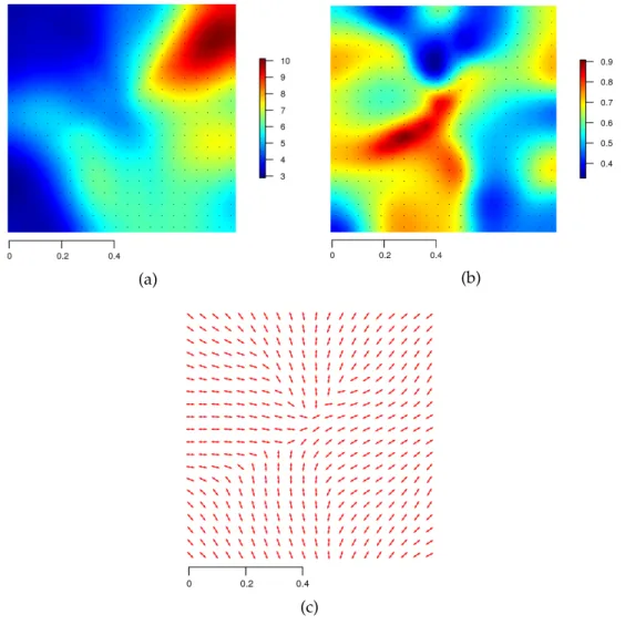 FIGURE 3.4 – Méthode de convolution : paramètres lissés sur le domaine des observations : (a) variance, (b) ratio d’anisotropie, (c) azimut.