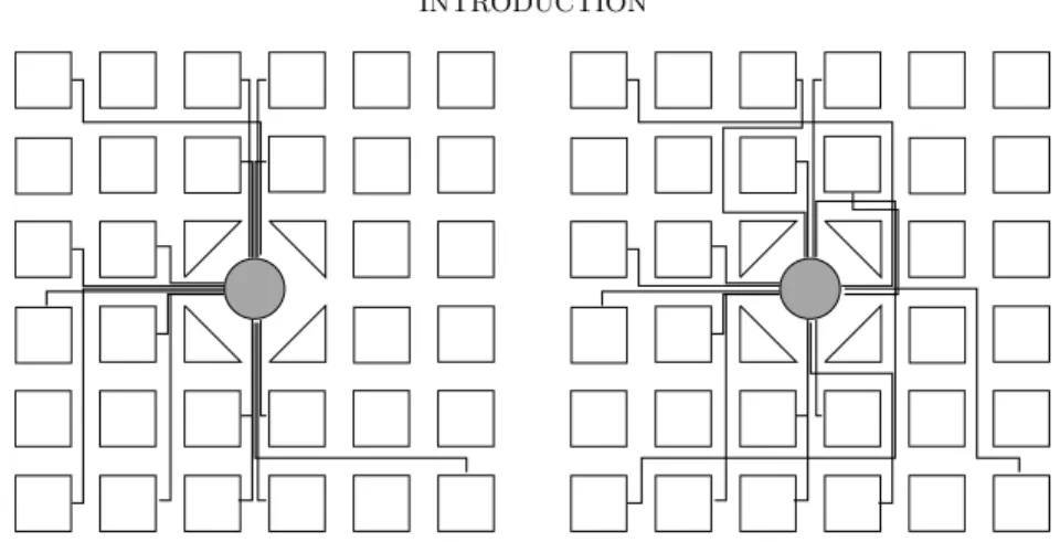 Figure 2. A lot of citizens go to stadium, traveling along the shortest paths (left)...but sometimes it is better to take a longer path, avoiding congestion effects (right)