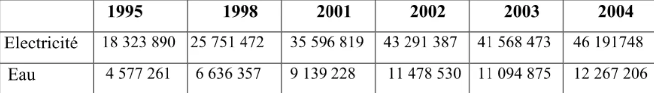 Tableau 12. Evolution des ventes EDM eau et électricité (1995 –2004) (milliers CFA) 