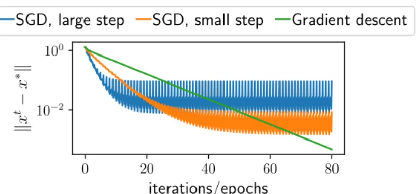 Figure 1.4 – Illustration of the behavior of SGD and gradient descent. An iteration of gradient descent corresponds to an epoch of SGD, i.e