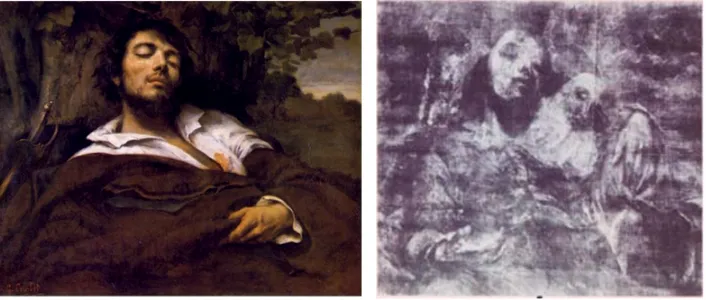 Figure 2. (à gauche) L’Homme blessé de Gustave Courbet (1854). (à droite) La radiographie aux rayons X du tableau qui révèle la présence