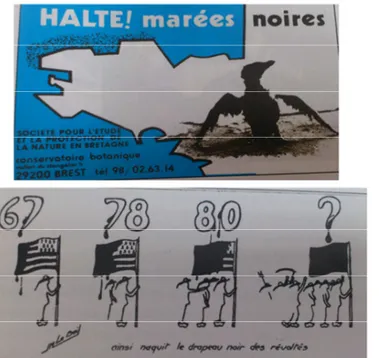 Figure 5 : Autocollants réalisés lors de l'Amoco Cadiz par la SEPNB (à gauche) et les CAMN (à  droite) ; lors du Tanio (en bas)  