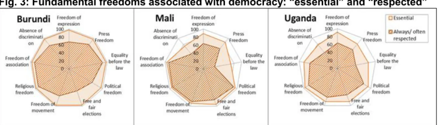 Fig. 3: Fundamental freedoms associated with democracy: “essential” and “respected”