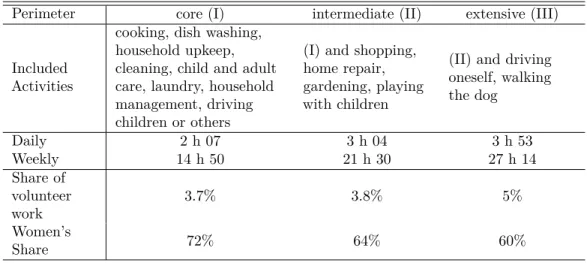 Table 5.1 – Average working time per person for three possible perimeters of domestic work in 2010