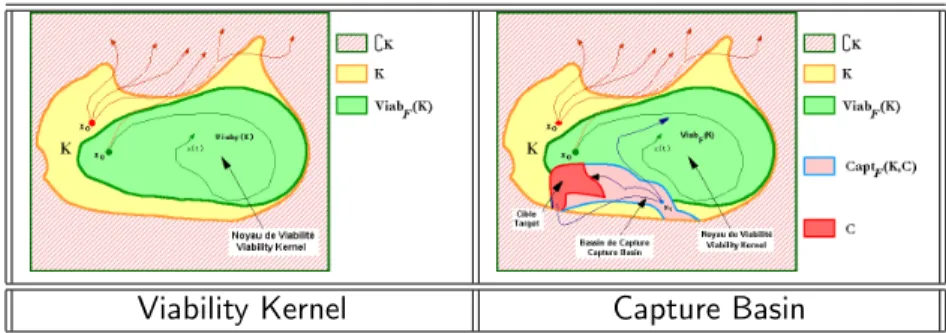 Figure 1: Viability Kernels and Capture Basins. The environment (constrained set) is yellow, the target red