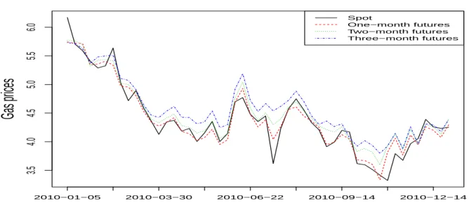 Figure 3: Snapshot of the spot and three first maturities with weekly variations during the year 2010.