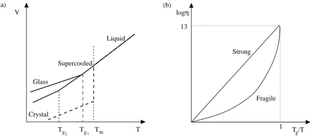 Figure 1.1: (a) Schematic volume-temperature diagram: the curves indicate different possible histories of a system cooled down from the liquid state (high temperature)