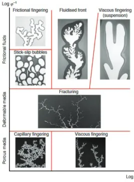 Figure 2.16: Flow morphology of a simple fluid flow (air) in a frictional fluid or granular mixture in a (log φ −1 ,