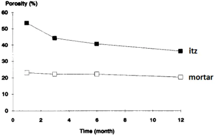Fig. 1.17 – Evolution comparée de la porosité dans le mortier et dans l’ITZ en fonction du temps [ 87 ]