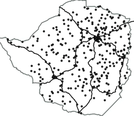 Figure 2: Cluster location and HIV prevalence, realized with 2005/06 Zimbabwe DHS.