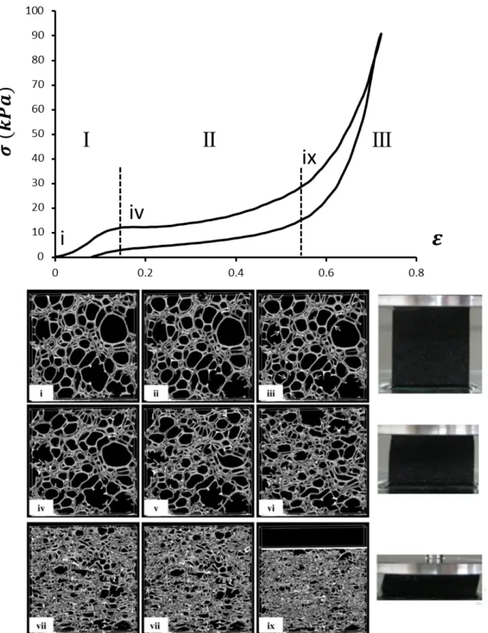 Figure  17  :  Courbe  caractéristique  d’un  essai  de  compression  sur  une  mousse  dont  la  matrice  présente  un  comportement 