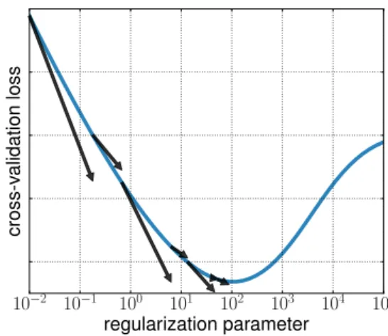 Figure 1. Hyperparameter Optimization with approximate gradi- gradi-ent. The gradient of the cross-validation loss function with  re-spect to hyperparameters is computed approximately
