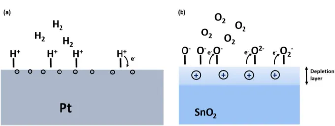 Figure  3.10 Schematic  representation  of  gas  molecules  chemisorption  on  a  sensing layer surface showing the partial charge transfer