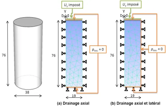 Figure 2-7 : Maillage et conditions aux limites dans les deux cas de simulation : (a) drainage  axial, (b) drainage axial et latéral