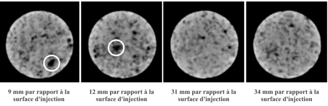 Figure 3.7 – Sections scanner de l’´echantillon H3 `a diff´erentes distances par rapport `a la face d’entr´ee B2 B3 B4 B5 B10 B17 H2 H5 H12 H17 H19 H20 H21 H22 H23 H24 H25 B19 B21 B20 H26 H27 H28 H29121416182022