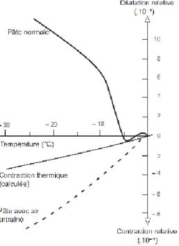 Figure  1.34  Comportement  dimensionnel  des  pâtes  de  ciment  au  cours  du  gel,  d’après  [Powers  &amp;  Helmuth,  1953]  repris  par  [Durabilité des bétons, 2008] 