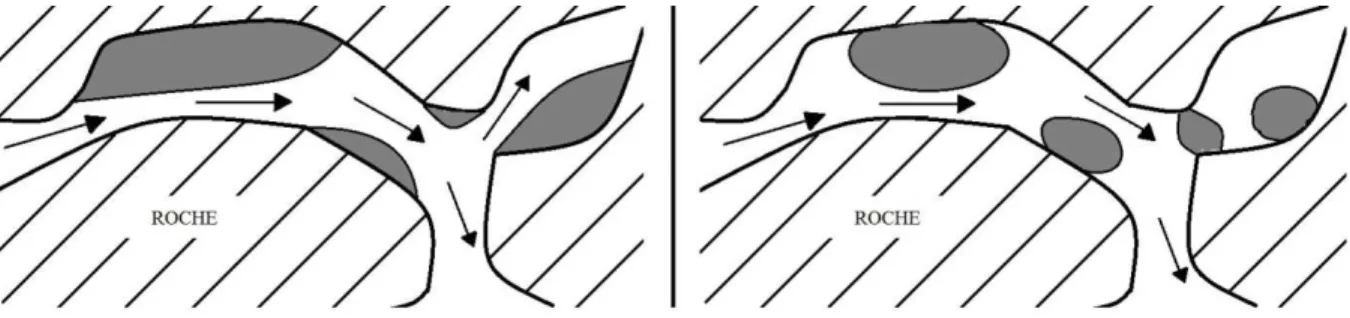 Figure  2  :  Schéma  des  portions  de  roche  partiellement  remplies  d’eau  et  de  gouttes  de  pétrole