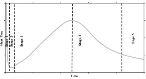 Figure 2.2: Rate of hydration of Alite with respect to time from isothermal calorimetry experiment [ 16 ]