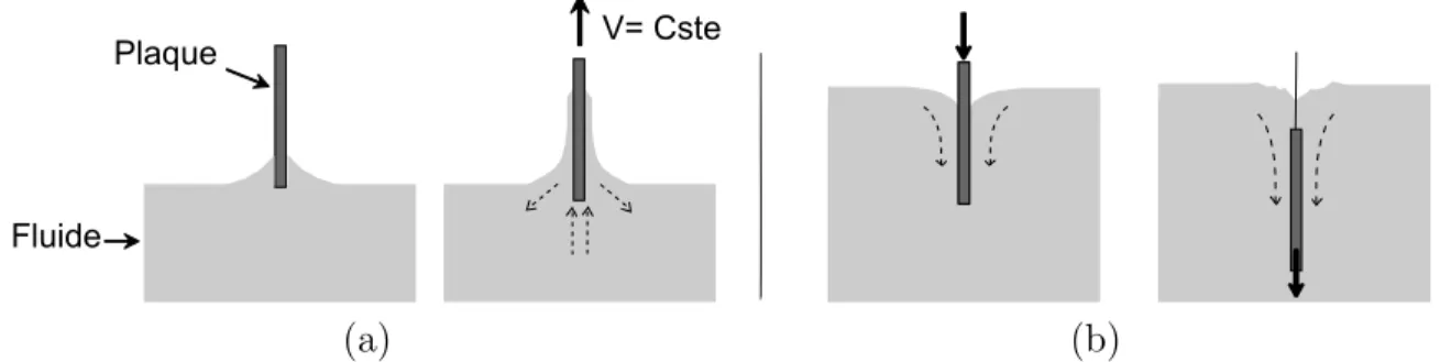 Figure 1 – Plaque en déplacement à travers un ﬂuide à seuil : conﬁgutations étudiées.