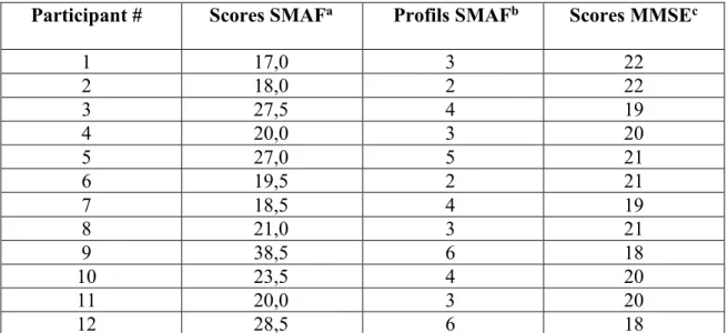 Tableau synthèse – Scores SMAF, profils SMAF et scores MMSE 
