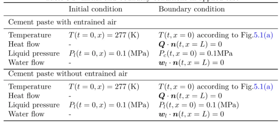 Table 5.2: Initial and boundary conditions in applied case Initial condition Boundary condition Cement paste with entrained air