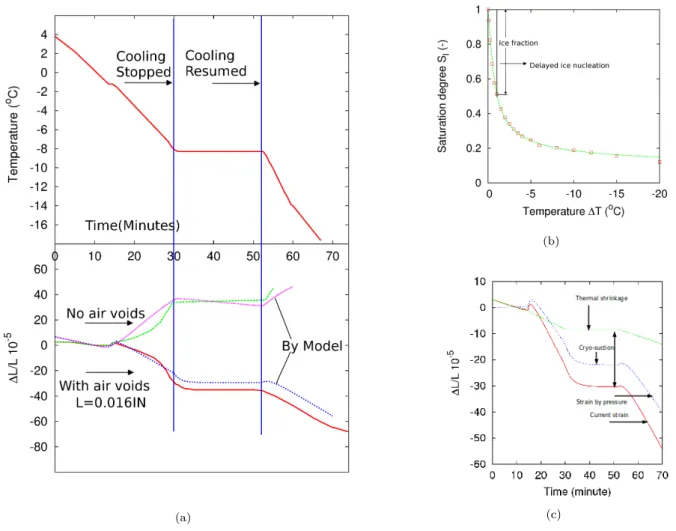 Figure 5.1: (a), Modeling and experimental results for freezing expansion of saturated cement paste:
