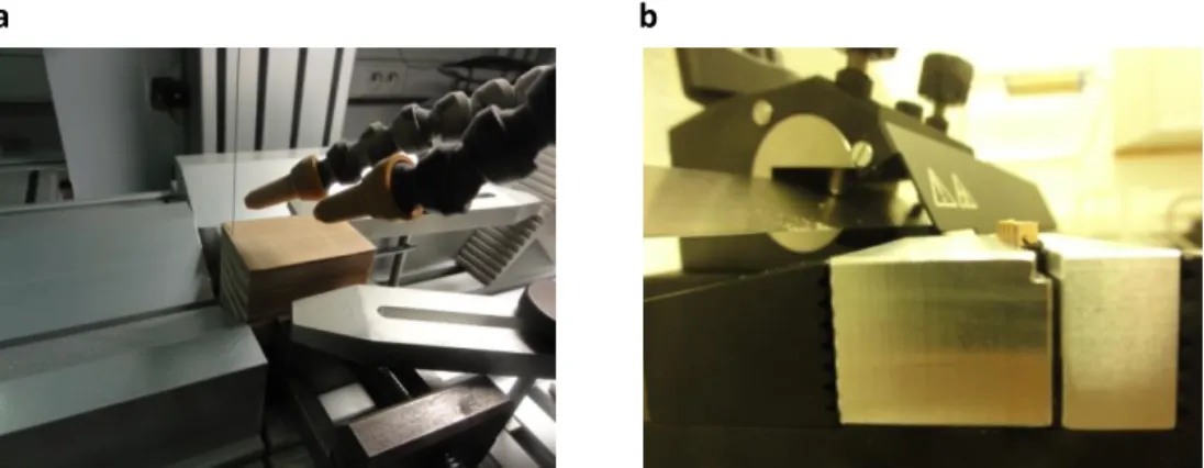 Figure 2.7 – Méthodes de découpe pour la série C. (a) Découpe de planchettes de normale L à la scie à fil diamantée