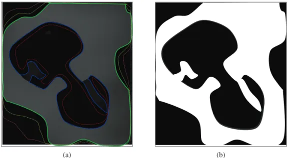 Figure 2.4 An illustration of active contours convergence on a schematic of post- post-implantation mCT of β-TCP scaffold (a) illustration of convergence steps (b) ﬁnal segmentation