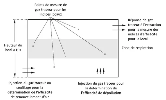 Figure 18: principe de mesure de paramètres et indices d'efficacité de ventilation [2] 