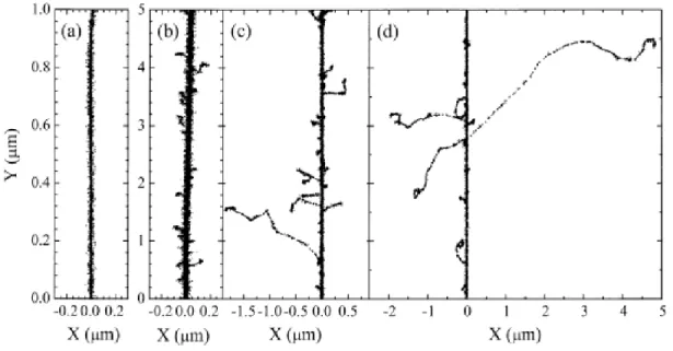 Figure 1.4  Projections over the XY-plane of track segments calculated (at ~10 -13  s) for  (a)  H +   (0.15  MeV),  (b)  4 He 2+   (1.75  MeV/nucleon),  (c)  12 C 6+   (25.5  MeV/nucleon), and (d)  20 Ne 10+  (97.5 MeV/nucleon) impacting ions