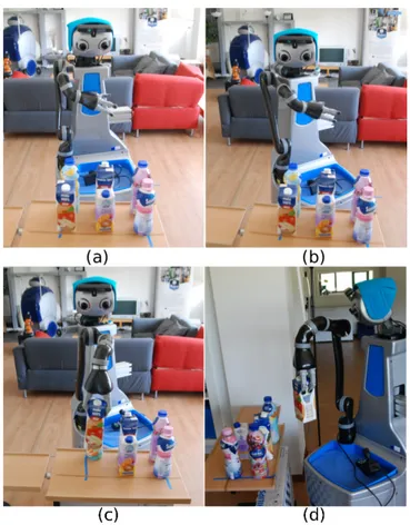 Figure 8. The first strategy for manipulation: (a) The robot moves close to the table, (b) The mobile platform is rotated to grasp the target object