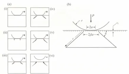 Fig. 33.  Schématisation du processus d’endommagement par cône de Hertz. a) Evolution du cône pendant un  cycle de charge (+) et de décharge (-)