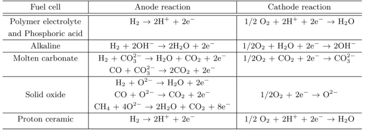 Table I.2 : Electrochemical reactions in the electrodes of the different types of fuel cell [9]