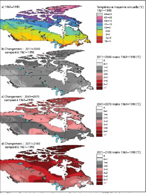 Figure 1.8  Exemple  de  la  variation  spatiale  et  temporelle  des  changements  prévus  (MCCG2-A2)  de  la  température  moyenne  annuelle  au  Canada