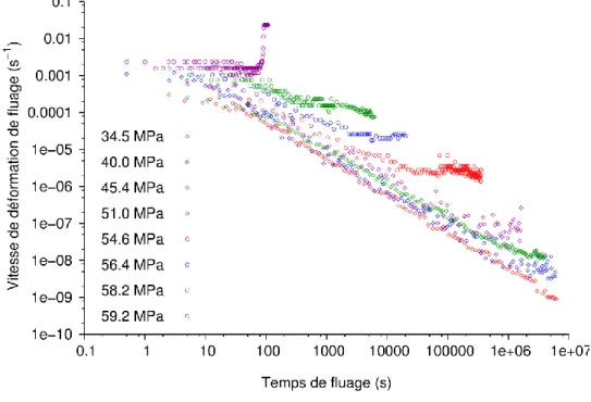 Figure 2. 10  Évolution de la vitesse de déformation de fluage en fonction du temps pour différents  niveaux de contrainte
