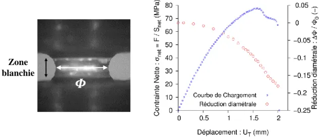 Figure 2. 40  Evolution de la réduction diamétrale au cours d'un essai de traction monotone sur  éprouvette NT045