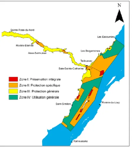 Figure 2.2 – Détail des zones définies par le plan de zonage du PMSSL (tiré de : Chion et al., 2009, p.76)  2.2 Port de Saguenay et Port-Alfred 