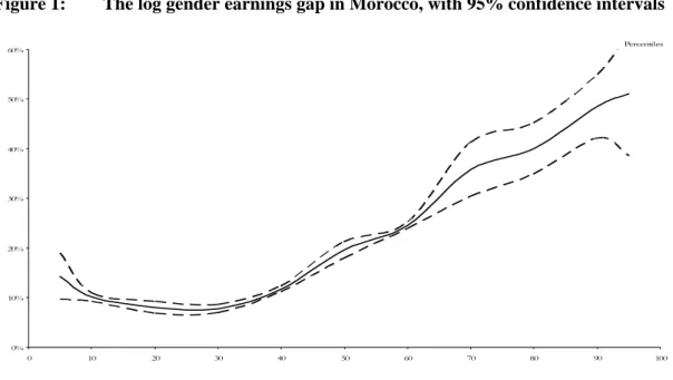 Figure 1:  The log gender earnings gap in Morocco, with 95% confidence intervals 