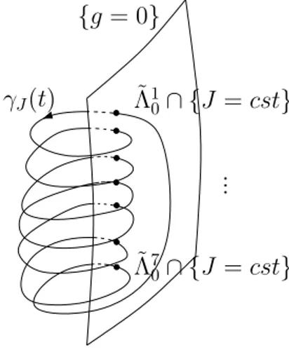 Figure 4: The periodic orbit obtained for every energy level intersects the Poincar´e section {g = 0} seven times, as shown schematically in this picture