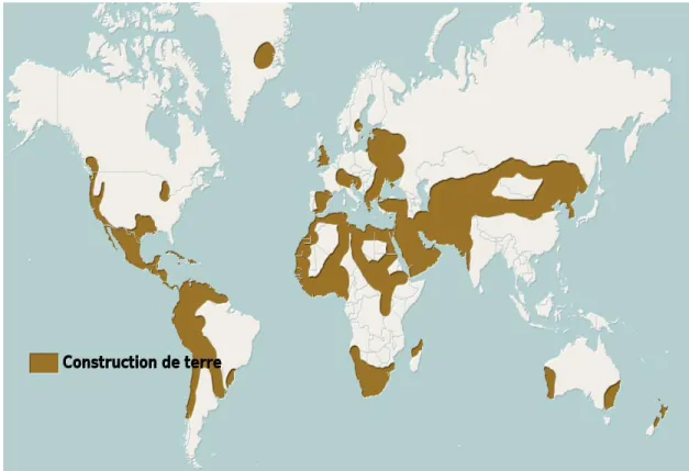 Figure 2.1  Distribution des constructions en terre dans le monde. Inspiré de  Blondet et al