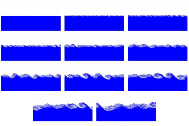 Figure 2. Numerical illustration of the Kelvin-Helmotz instability on a rectangle with periodic conditions (in the horizontal coordinate) involving a discontinuous initial speed