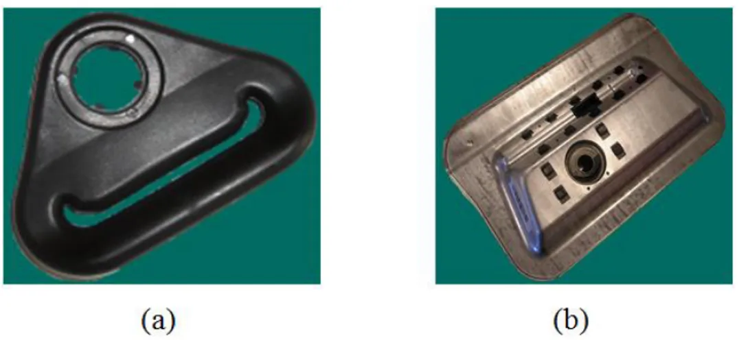 Figure 1 : Exemples des pièces fabriquées par l’entreprise DEVILLE ASC : (a) attache de  ceinture de sécurité, (b) boitier d’airbag 