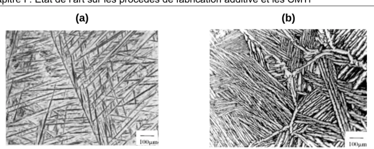 Figure 1-19 : Microstructures du Ti-6Al-4V après refroidissement rapide, (a)  structure   ' en aiguilles issue d'un refroidissement très rapide (b) microstructure de 