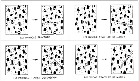 Figure 1-28 : Mode de rupture des CMM p , (a) rupture des particules, (b) décohésion  particule/matrice, (c) rupture ductile de la matrice, (d) rupture par cisaillement de 