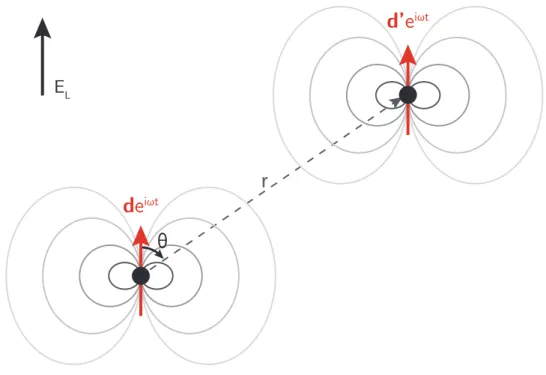 Figure 1.1.: Schematic of two radiating dipoles driven by the E L at frequency ω. Those