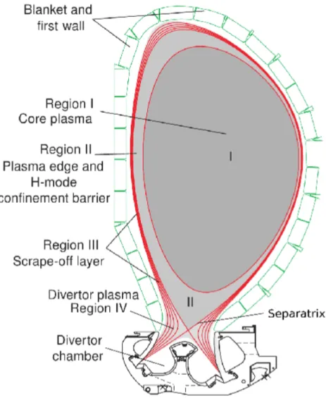 Figure 1.3 – Section poloïdale de la configuration avec divertor, les lignes sont des surfaces de flux (figure tirée de [ EDA et collab