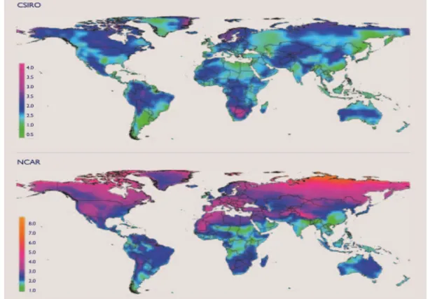 Figure 1.2  L’augmentation  des  températures  maximales  moyennes  (ºC)  dans  les  différentes régions du globe, 2000-2050