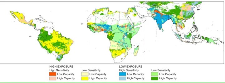 Figure 1.3  Point  de  convergence  entre  les  zones  agricoles,  les  zones  d’insécurité  alimentaire et les zones affectées par la réduction de la période de croissance  des  cultures  dûe  aux  changements  climatiques