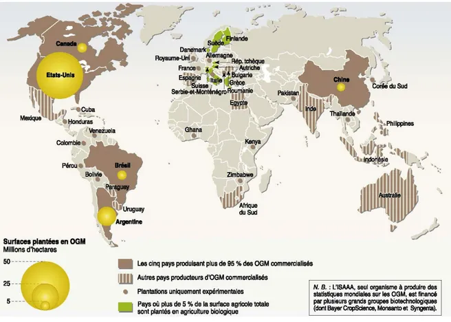 Figure 2.1  La  répartition  des  cultures  OGM  dans  le  monde.  Tiré  de  Le  Monde  Diplomatique, 2006, p.37