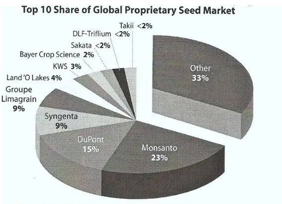 Figure 2.3  La  part  des  surfaces  plantées  en  OGM  par  des  semences    brevetées  par  Monsanto